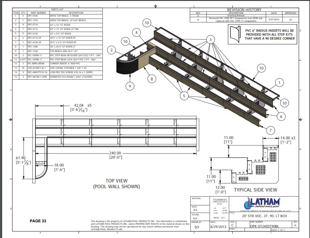 20' Straight Step Polymer 90 Deg. 3-Tread 6" Radius w/ Left Bench